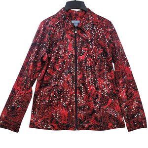 Koret Womens Red Paisley Embellished Jacket Size Small Full Zip Long Sleeve